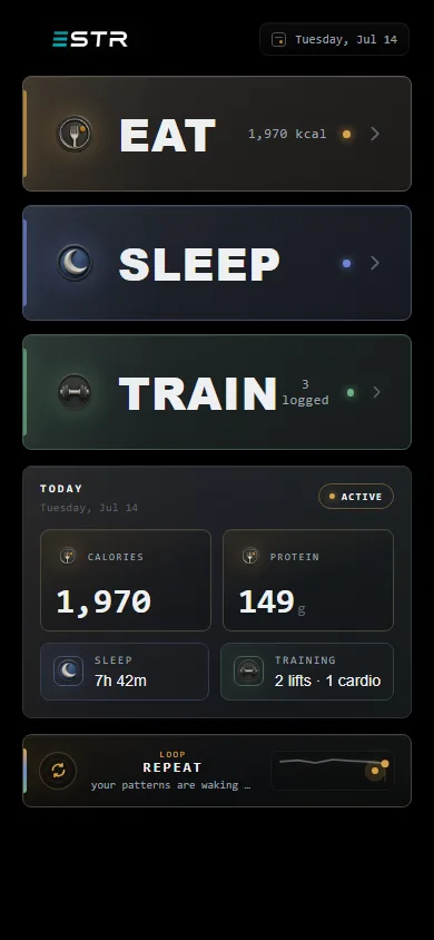 ESTR home screen showing today's food, sleep, and training summary
