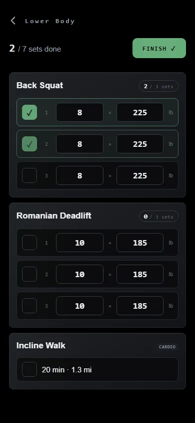 ESTR guided lower-body workout with completed sets and editable weights